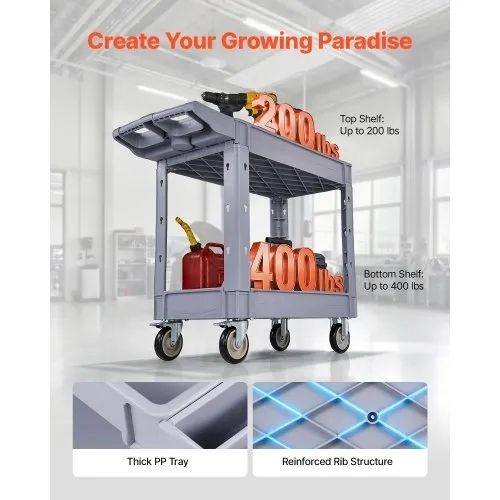 Utility Cart, 250 kg Capacity, 2 Tier Service Cart with 360 Swivel and Fixed Wheels (2 with Brakes), Heavy Duty Plastic Rolling with Storage Tray, Tool Storage for Garage Warehouse Workshop