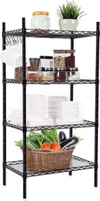 4 Tier Shelving Unit, VooNEEN Metal Shelving Unit Free Standing Small Storage Rack with 4 Hooks, Wire Organisation Racking Shelves for For Pantry Kitchen Livingroom Bathroom Office, 45x30x90 CM