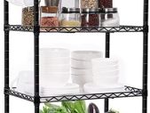 4 Tier Shelving Unit, VooNEEN Metal Shelving Unit Free Standing Small Storage Rack with 4 Hooks, Wire Organisation Racking Shelves for For Pantry Kitchen Livingroom Bathroom Office, 45x30x90 CM