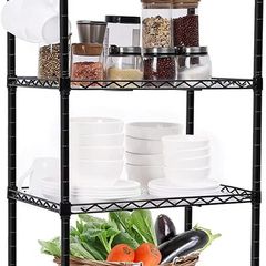 4 Tier Shelving Unit, VooNEEN Metal Shelving Unit Free Standing Small Storage Rack with 4 Hooks, Wire Organisation Racking Shelves for For Pantry Kitchen Livingroom Bathroom Office, 45x30x90 CM