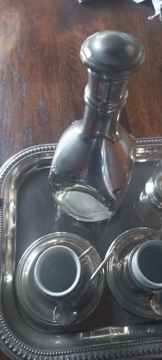 Antique stainless steel and glass French coffee set with tray