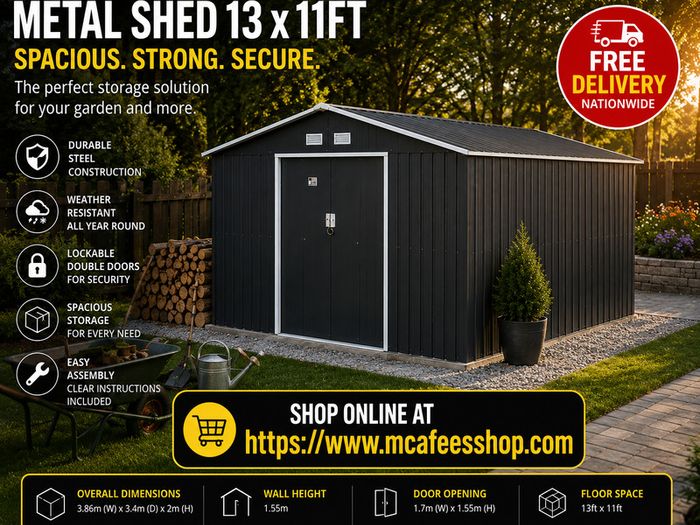13 x 11ft Large Metal Garden Shed with Floor Foundation Double Doors Charcoal