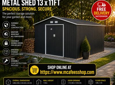 13 x 11ft Large Metal Garden Shed with Floor Foundation Double Doors Charcoal