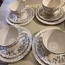 Rare find 15 pieces set Johnson Brothers Ironstone, Pattern 1H1, Vintage Set Of 4 cups and saucers with side plates ,milk jug ,sugar bowl and large oval platter plate Swirl Edge, Platinum Trim Image 5