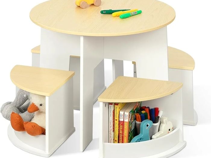 Toddler Table and Chair Set, Wooden Round Table with 4 Storage Stools, Kids Tables and Chairs for Arts, Crafts, Read and Play