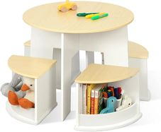 Toddler Table and Chair Set, Wooden Round Table with 4 Storage Stools, Kids Tables and Chairs for Arts, Crafts, Read and Play