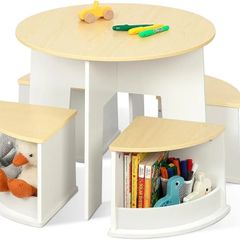 Toddler Table and Chair Set, Wooden Round Table with 4 Storage Stools, Kids Tables and Chairs for Arts, Crafts, Read and Play