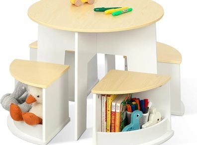 Toddler Table and Chair Set, Wooden Round Table with 4 Storage Stools, Kids Tables and Chairs for Arts, Crafts, Read and Play