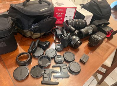 Canon EOS M6 Mark II, 2,100 shots, EVF-DC2, 15-45 + 55-200 + 28-135, flash, bags