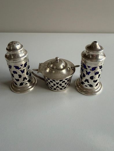 Vintage 3-Piece Silver-Plated Condiment Cruet Set with Bristol Blue Glass Liners