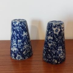 Fabulous Pair of Salt and Pepper Shakers in the Style of Burleighware "Blue Calico Pattern", but no Backstamps, Missing Stoppers