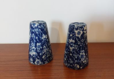 Fabulous Pair of Salt and Pepper Shakers in the Style of Burleighware "Blue Calico Pattern", but no Backstamps, Missing Stoppers