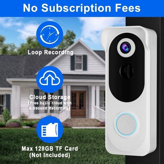 Wireless Video Doorbell with Chime, 2K HD No Subscription Security Doorbell Camera, PIR Motion Detection, Night Vision, 2-Way Audio, Battery Powered, SD Card/Cloud Storage, Works with Alexa and Google