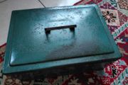 Vintage green metal cash box with key