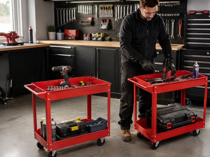 Set of 2 Workshop Tool Trolleys 100 kg Heavy-Duty Steel Garage Carts with 2 Shelves