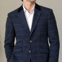 HERBIE FROGG Mens Tweed Blazer Blue Check Abraham Moon Wool Jacket 40R Velvet