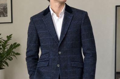 HERBIE FROGG Mens Tweed Blazer Blue Check Abraham Moon Wool Jacket 40R Velvet
