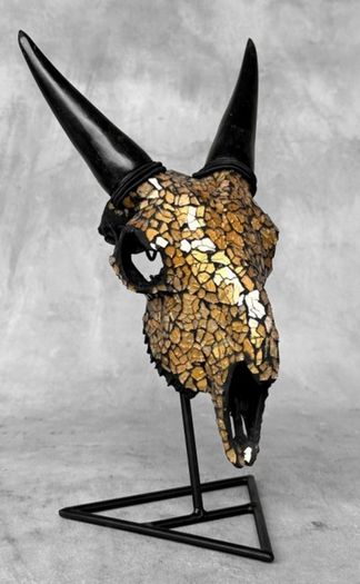 Mosaic-Embellished Real Goat Skull - Bone, Mosaic inlay