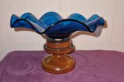 Unique hand blown cobalt blue candy dish with wood base