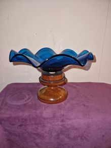 Unique hand blown cobalt blue candy dish with wood base