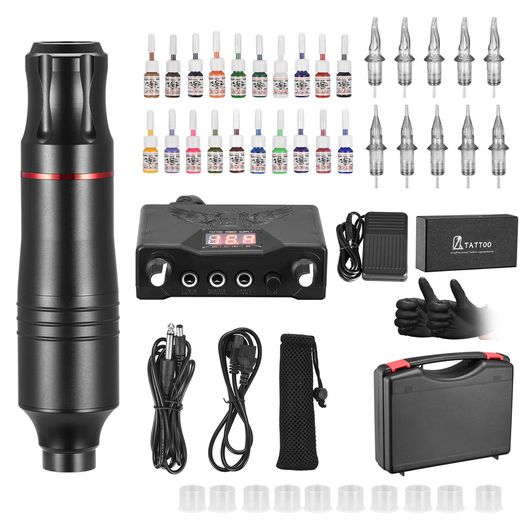BRAND NEW EU US Stock Rotary Tattoo Pen Machine Kit, Professional Tattoo Pen with 20 Colors Tattoo Paints, 10pcs Cartridges Needles