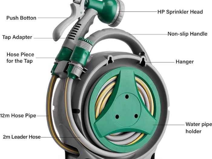 12m Water Pipe +2m Leader Hose, Hose Pipe Reel with 8 Adjustable Spray Gun Nozzles, Manual Retractable Garden Water Hose Reel,Outdoor Hose Reel Set for Garden Patios,Balconies