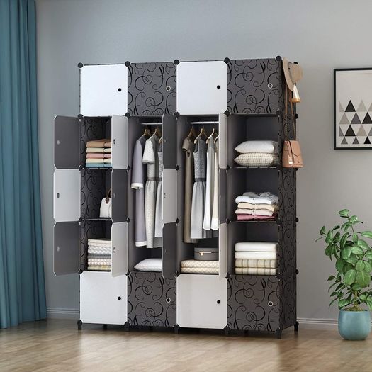 Portable Wardrobe 20 Cube Closet with 3 Clothes Hanging Rails, 14"x18" Deeper Cube Combination Armoire Modular Cabinet Storage Organizer for Bedroom Clothes Shoes Toys, Black & White