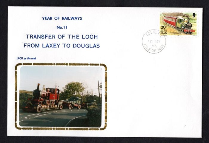 1993 Isle of Man Cover showing Year of Railways No 11 Transfer of the Loch From Laxey to Douglas tying 20p No 1 definitive stamp