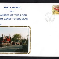 1993 Isle of Man Cover showing Year of Railways No 11 Transfer of the Loch From Laxey to Douglas tying 20p No 1 definitive stamp