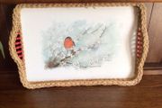 Large Vintage Basket Weave Christmas Robin Picture Tray