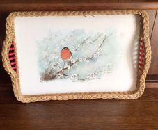 Large Vintage Basket Weave Christmas Robin Picture Tray