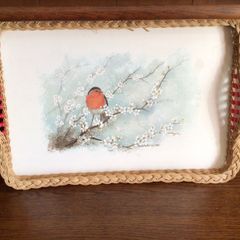 Large Vintage Basket Weave Christmas Robin Picture Tray