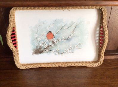 Large Vintage Basket Weave Christmas Robin Picture Tray