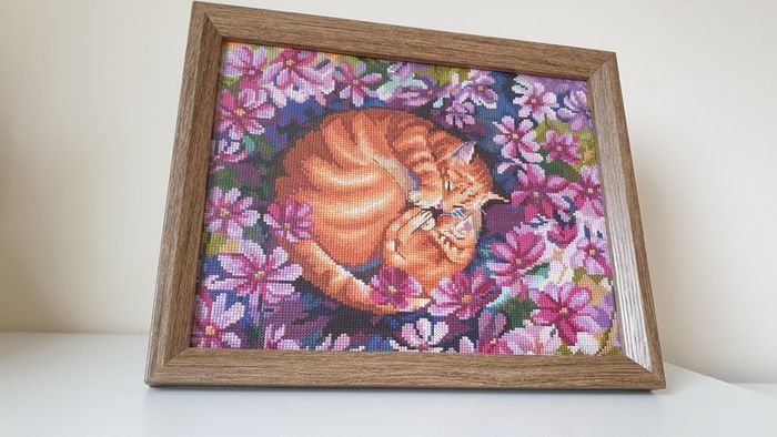 Stunning Handmade Cross Stitch Embroidery - Cats in flowers