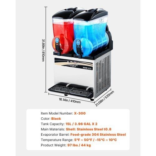 Commercial Frozen Drink Maker, 15Lx2 Double Tank Slushy Machine, 120 Cups Stainless Steel Margarita Smoothie Frozen Drink Machine