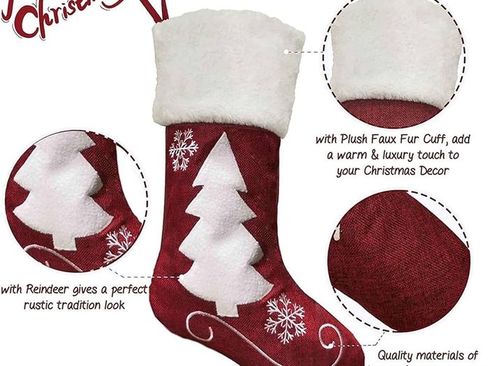 Large Christmas Stocking Set of 4, 18 Inch Red Christmas Stockings with Reindeer and Plush Faux Fur Cuff Hanging Stockings for Family Holiday Xmas Party Decorations