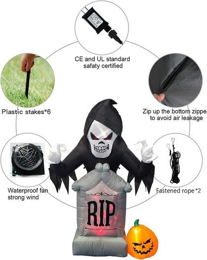 7 Feet Halloween Inflatable Grave Scene Skeleton Ghost with Tombstone and Pumpkin LED Lights Decor Outdoor Indoor Holiday Decorations Blow up Yard Decor Giant Lawn Inflatables Home Family