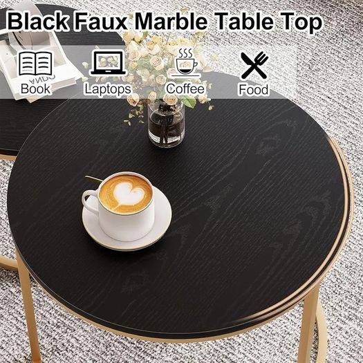 Round Coffee Tables, Set of 2 End Table, Nesting Tables, Side Table Metal Gold Frame for Living Room/Bedroom/Balcony/Office/Apartment, Diameter 23.6/15.7 IN, Black Top, Prevent right angles