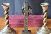 Mcharp Celtic  Cross Plus 2 E P N.s Candlesticks  With Barley Twiist Stems &amp; Bevelled Base.
