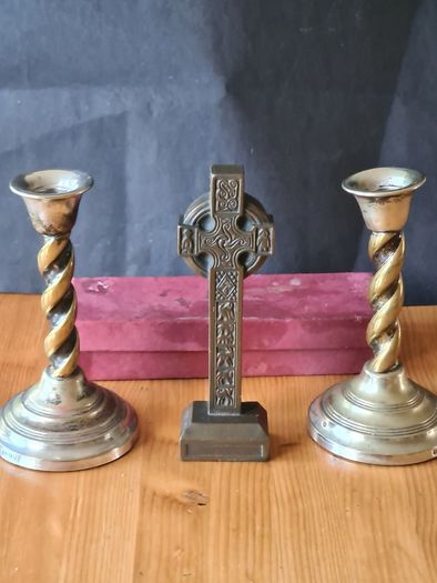 Mcharp Celtic  Cross Plus 2 E P N.s Candlesticks  With Barley Twiist Stems & Bevelled Base.
