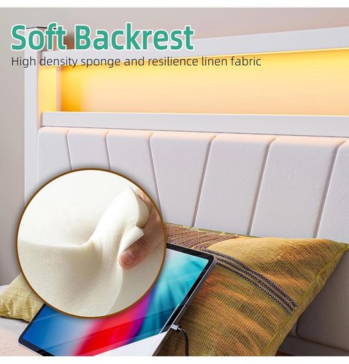 3FT Single Bed Frame with Storage Headboard, White Metal Platform Upholstered Bed frame USB Charging Station,Heavy Duty Metal Bed with LED Lights,Easy Assembly