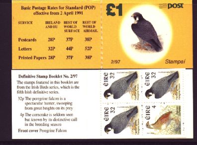 1997 Ireland Peregrine Falcone Definitive Stamp Booklet Mint Never Hinged (MNH). Hibernian HB61.