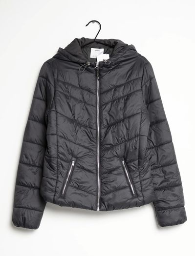 Black Hooded Multi-Zipped Puffer Jacket by Bershka Size L
