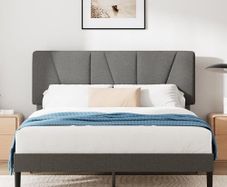 Double Bed Frame with Headboard - 4ft6 (135 x 190 cm) - 11.8'' Height - Upholstered Bed Base - Wooden Slat Support - Easy Assembly - Dark Grey