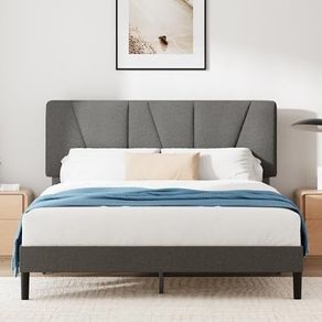 Double Bed Frame with Headboard - 4ft6 (135 x 190 cm) - 11.8'' Height - Upholstered Bed Base - Wooden Slat Support - Easy Assembly - Dark Grey