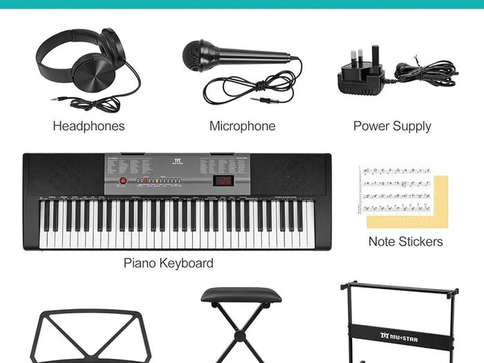 61 Key Electronic Keyboard Piano with Lighted up Keys,LCD,Headphones,X-Stand,Stool,Music Rest,Microphone,Note Stickers,Built-In Speakers,3 Teaching Modes,Ideal for Beginner Adult (Black with Stool)