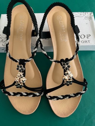 SANDALS. Libra Pop brand- Embellished With Black, Gold & Silver charms. Ultra Comfortable. Size Uk 6 Eu 39 Purchased In Toulouse. Brand New In Box.