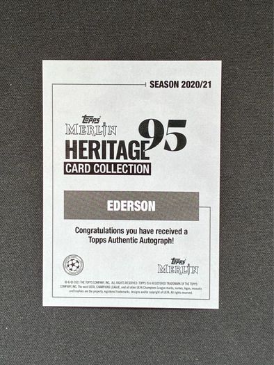Ederson Auto /25 2020-21 Topps Merlin Heritage 95 Autograph Man City 21/25