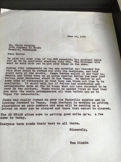 Elvis Memorabilia - 1970 Letter to Elvis re Las Vegas Show