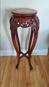 Vintage Asian marble inlaid carved plant stand